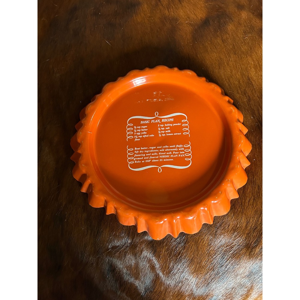 Vintage Nordic Ware Orange Enameled Metal Flan Pan Scalloped Recipe 10.5"